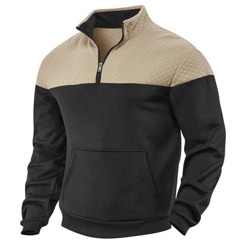 Cross Border Mens Oversized Color Block Hoodie Heavy Fleece Lined Winter Stand Collar Zipper Sweater Casual Loose Fit