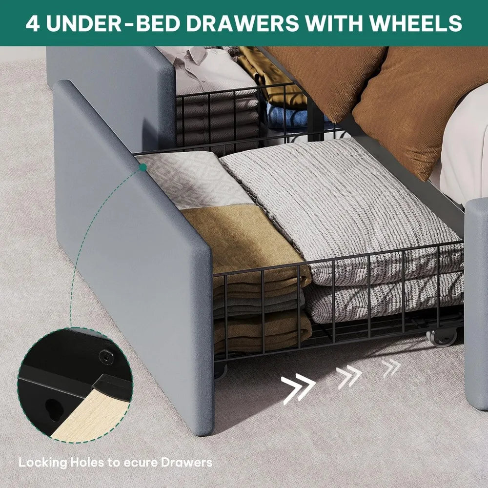 King Size DWVO Bed Frame with 4 Storage Drawers, RGB LED Lights, and 57 Tall Velvet Upholstered Headboard with Charging Station