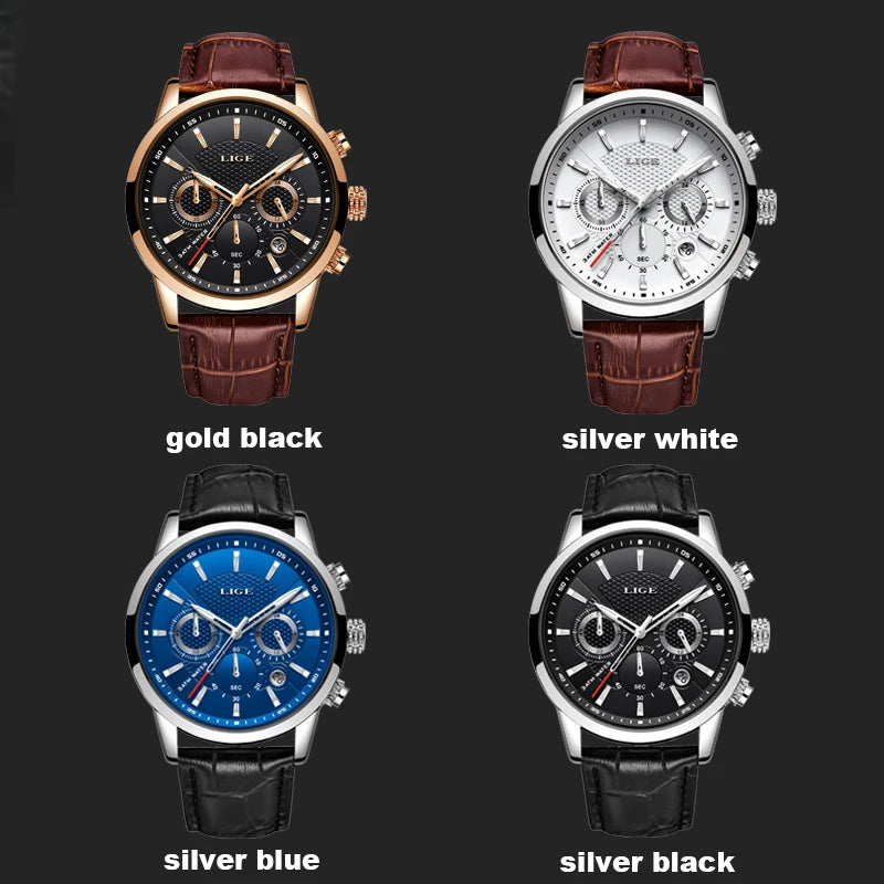 LIGE Watch Men Fashion Leather Sports Watches Men's Army Military Quartz Wristwatch Chronograph Male Clock Relogio Masculino