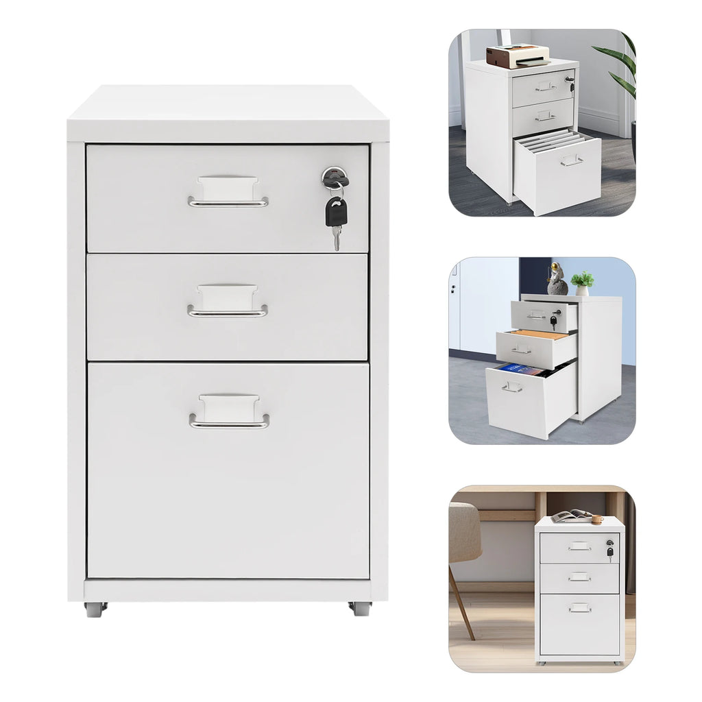 3 Tiers Rectangular Steel Vertical File Cabinet,Pink/White/Black Metal Mobile File Cabinet with Lock for Office,Study