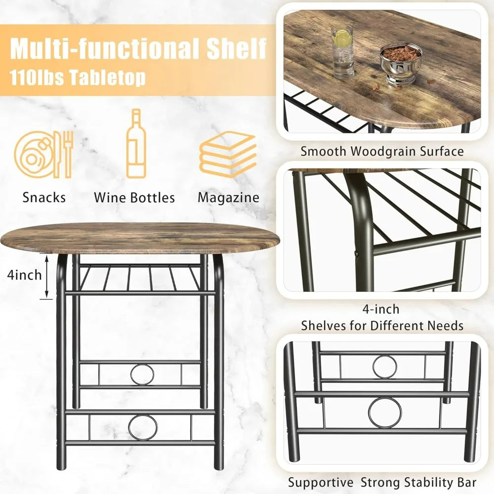Wooden Round Table & Chair Set, Space Saving Kitchen Breakfast Nook Wood Grain Tabletop with Metal Frame