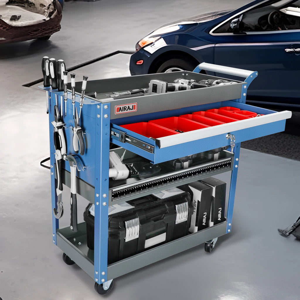 AIRAJ 3 Tier Rolling Tool Cart on Wheels,Metal Heavy Duty Mechanic Cart with Drawers and Pegboard,Industrial Utility Cart