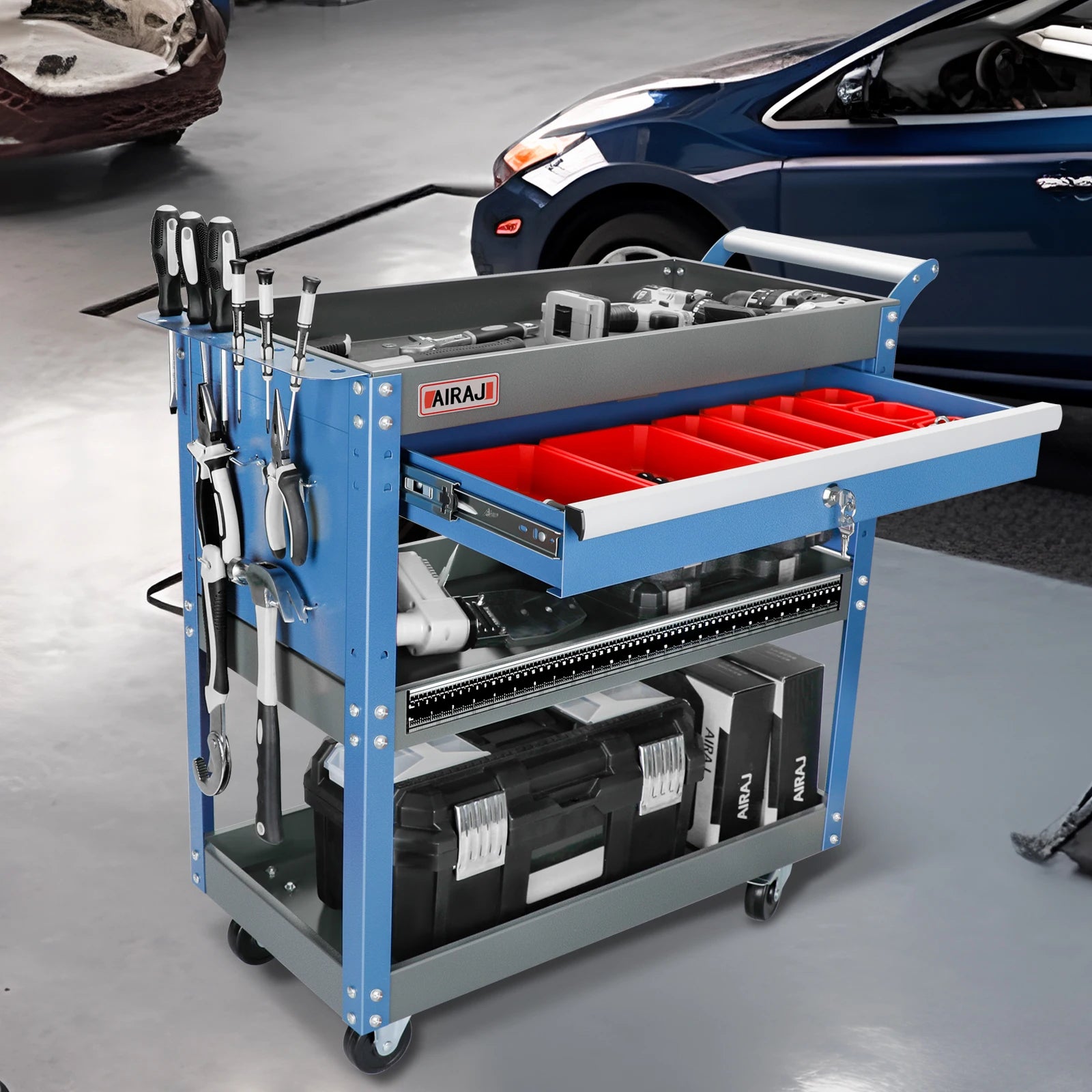 AIRAJ 3 Tier Rolling Tool Cart on Wheels,Metal Heavy Duty Mechanic Cart with Drawers and Pegboard,Industrial Utility Cart