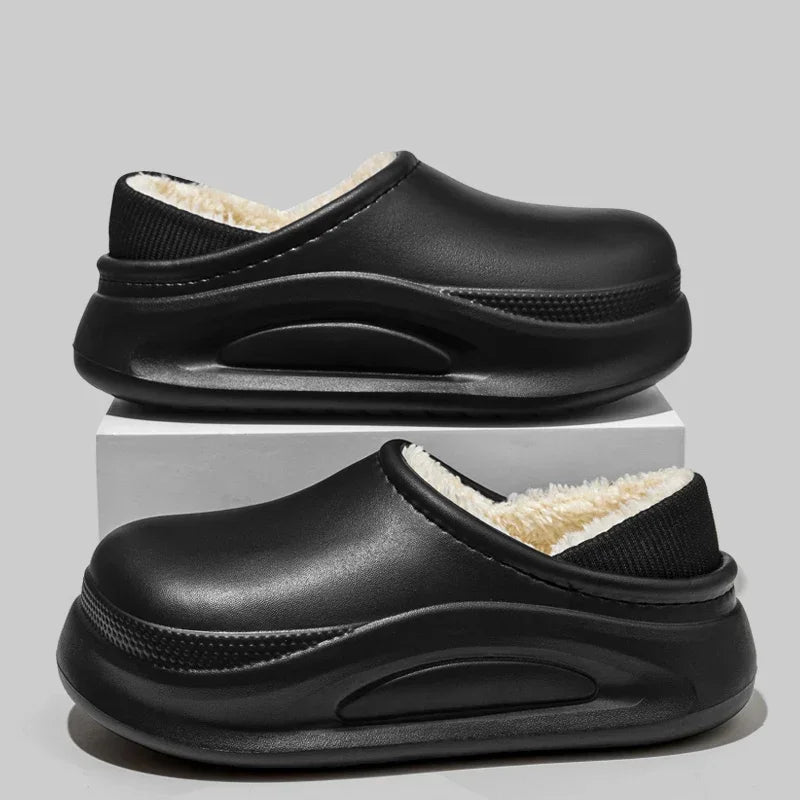 Unisex Closed Toe Warm Plush EVA Slippers Winter 2025 Thick Sole Waterproof Indoor and Outdoor Clogs Shoes Woman Fluffy Slippers