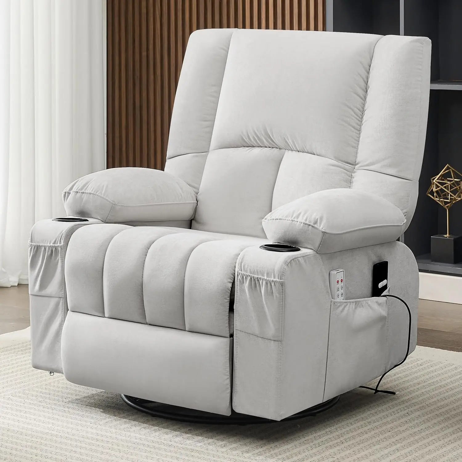 Rocker Recliner Chair with Heat and Massage, 360° Swivel Recliner Chairs for Adults, Oversized Recliner Single Sofa Seat with Cu