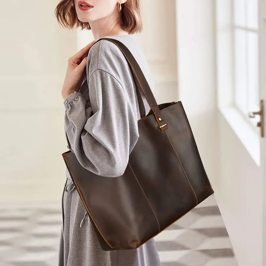 Full Grain Leather Tote Shoulder Bag for Women Business Work Satchel Handbag with Top Handles