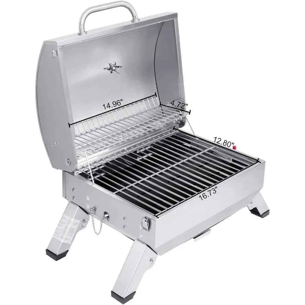 GT1001 Stainless Steel Portable Grill, 10000 BTU BBQ Tabletop Gas Grill with Folding Legs and Lockable Lid, Outdoor Camping, De