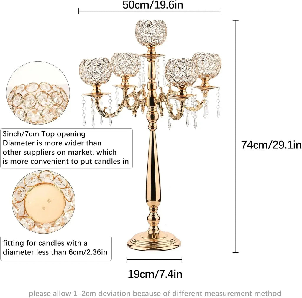 4 Packs 5 Arms Crystal Candelabra for Wedding Centerpiece Gold Candle Holder with Chandelier Crystal Beaded Party Table Decor