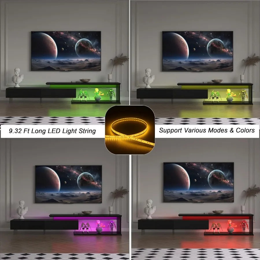 TV Stand for 55 65 75 85 Inch TV Extendable LED Entertainment Center with Light String Equipped with Two Pull-Down Doors 70 80