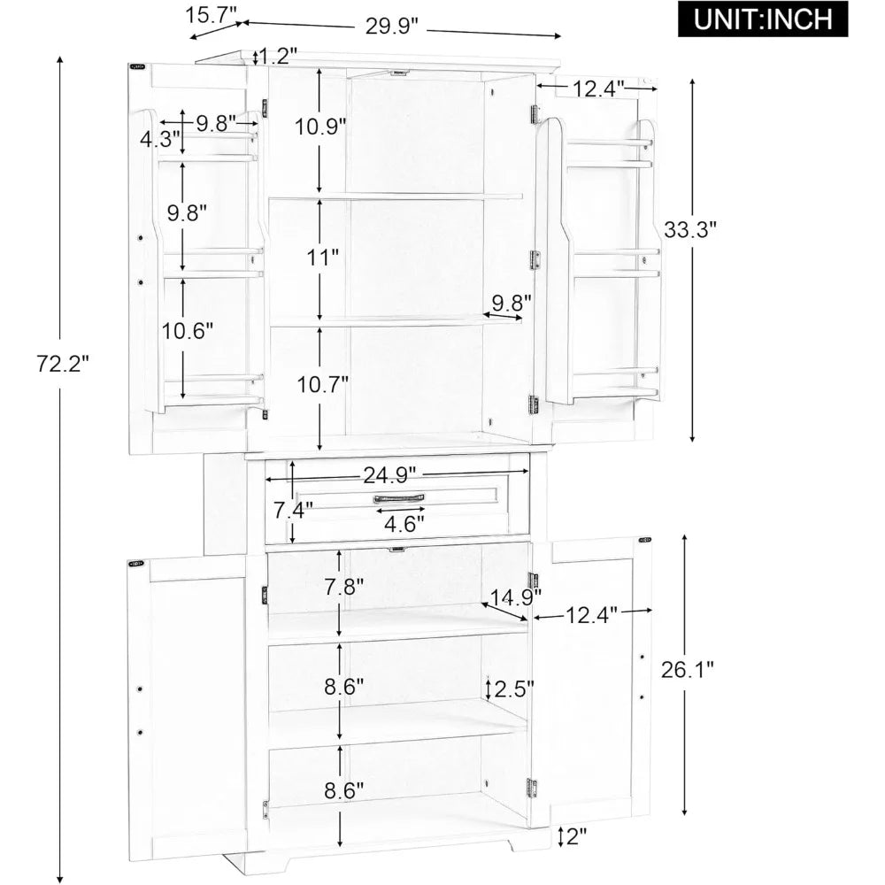 72 Tall Bathroom Cabinet with Multi-Functional Storage Organizer Door Rack, Kitchen Pantry Cupboard with Drawer and Adjust