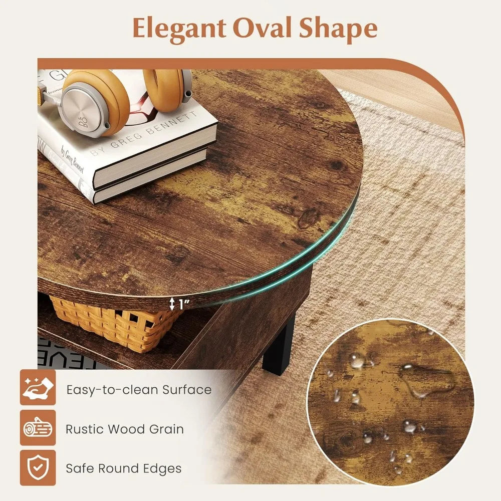 Oval Wood Coffee Table with Storage and Drawer, 47-inch Accent Center Table for Small Spaces