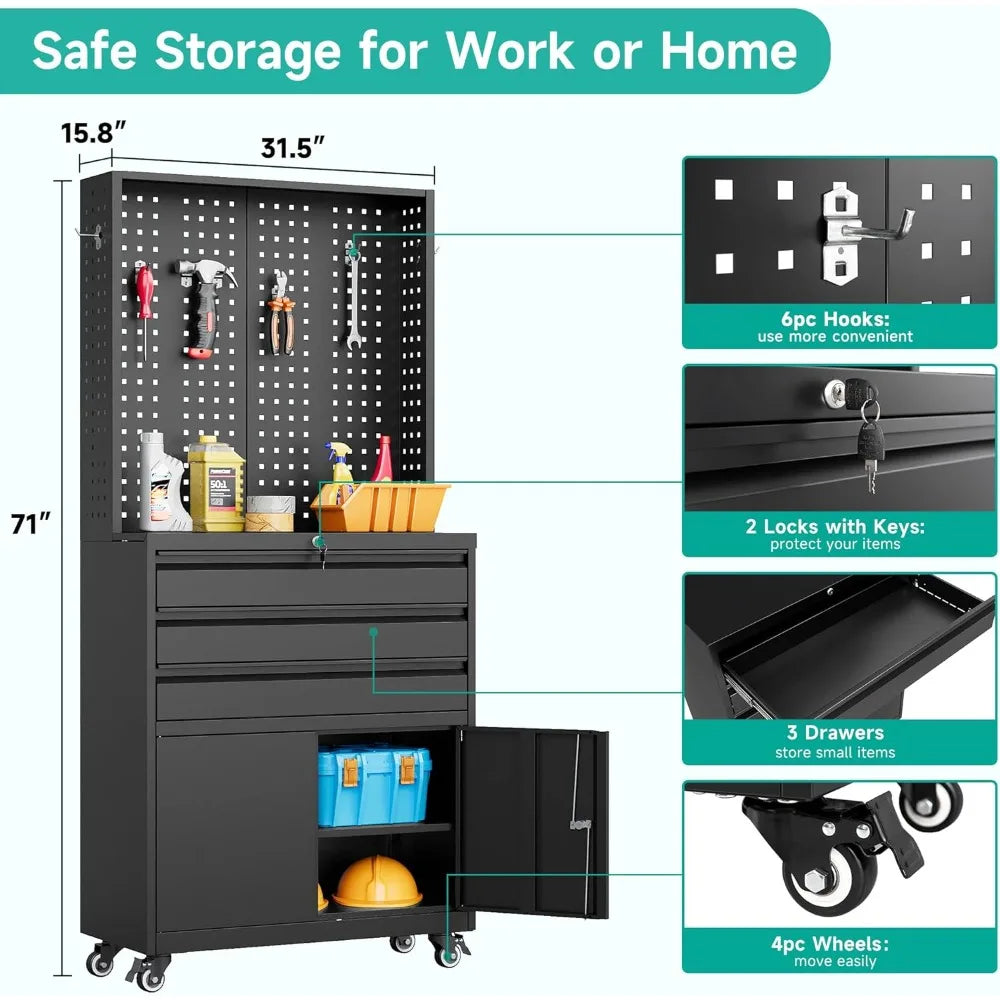 Metal Storage Cabinet with Wheels and Drawers, Rolling Garage Storage Cabinet with Lock, Black Metal Tool Cabinet with Hoo
