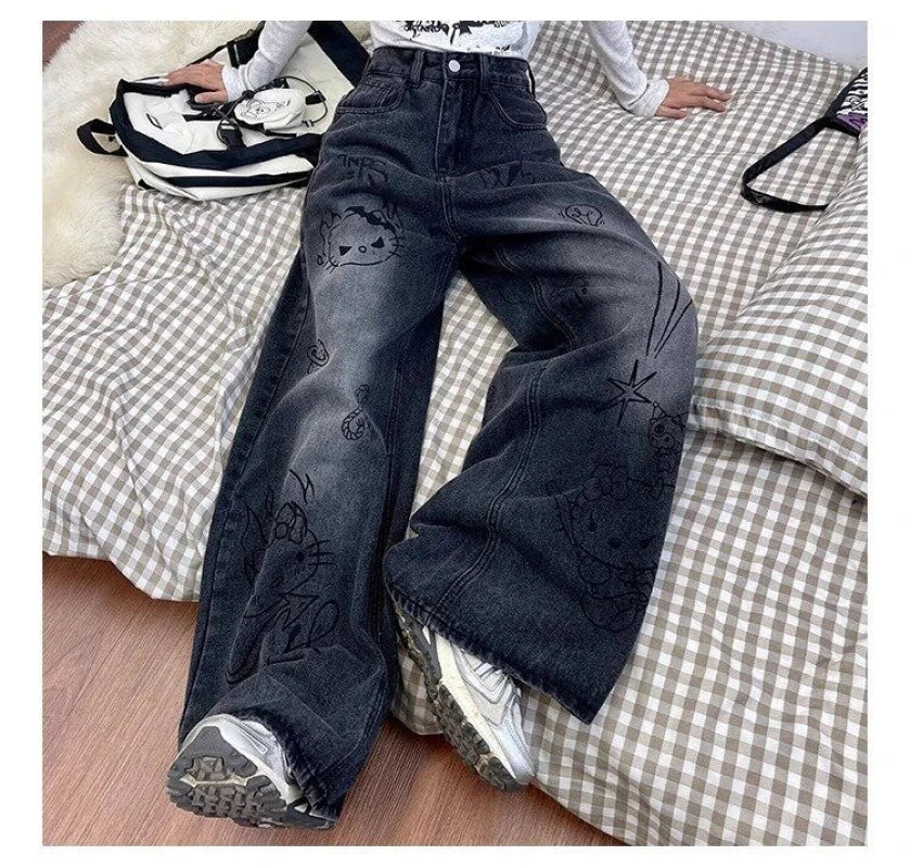Vintage Cartoon Cute Scrawl Y2k Jeans American High Street All-match Pants for Women 2024 Spring Summer New Jeans Women