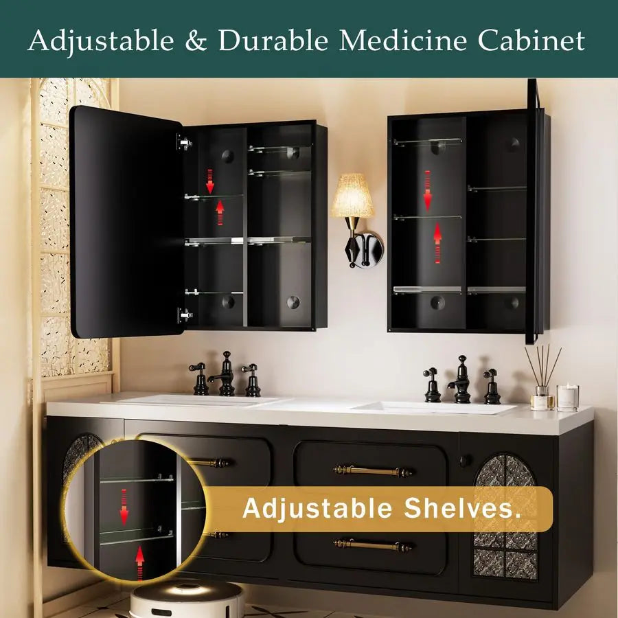 Medicine Cabinets for Bathroom with Mirror 20 x 30 inch Large Surface Wall Mount Mirrored Vanity Chest with Storage Matte Black