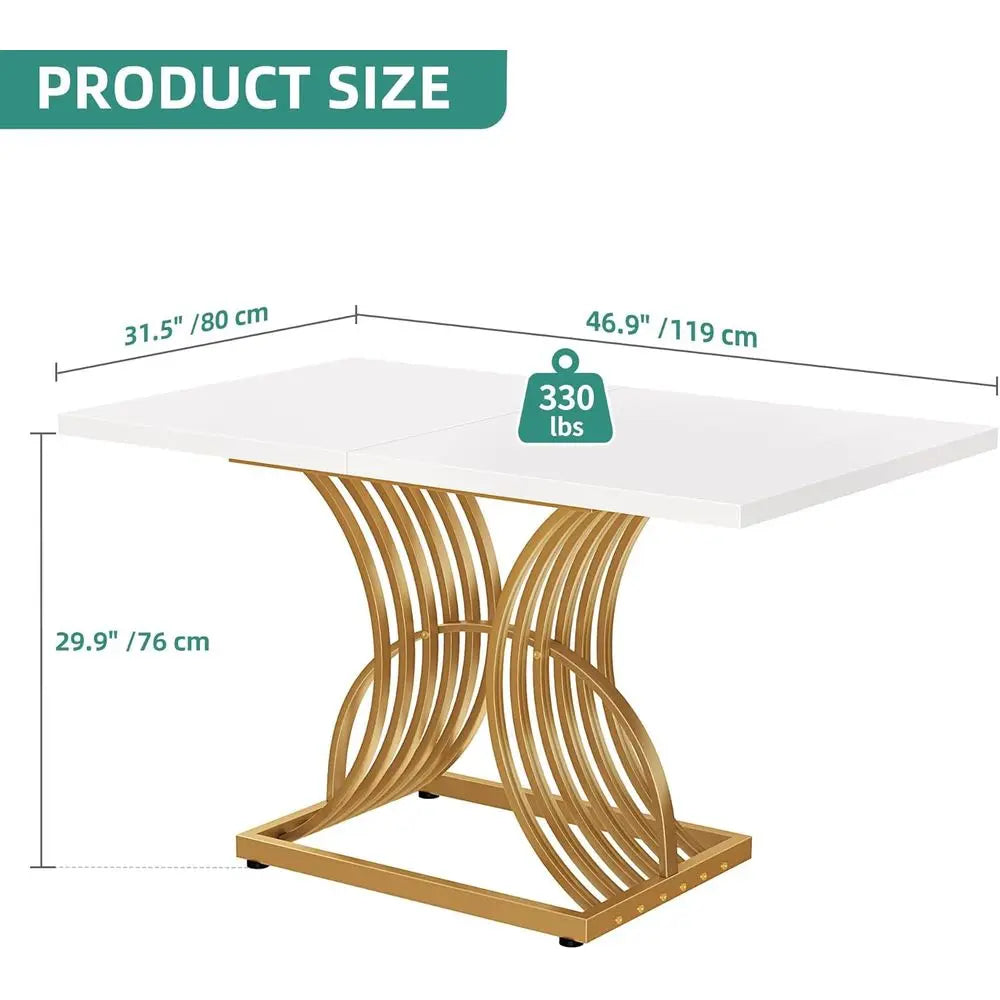 Modern Rectangular Dining Table, White Top & Geometric Gold Legs, Seats 4, Small Kitchen Table for Dining Room