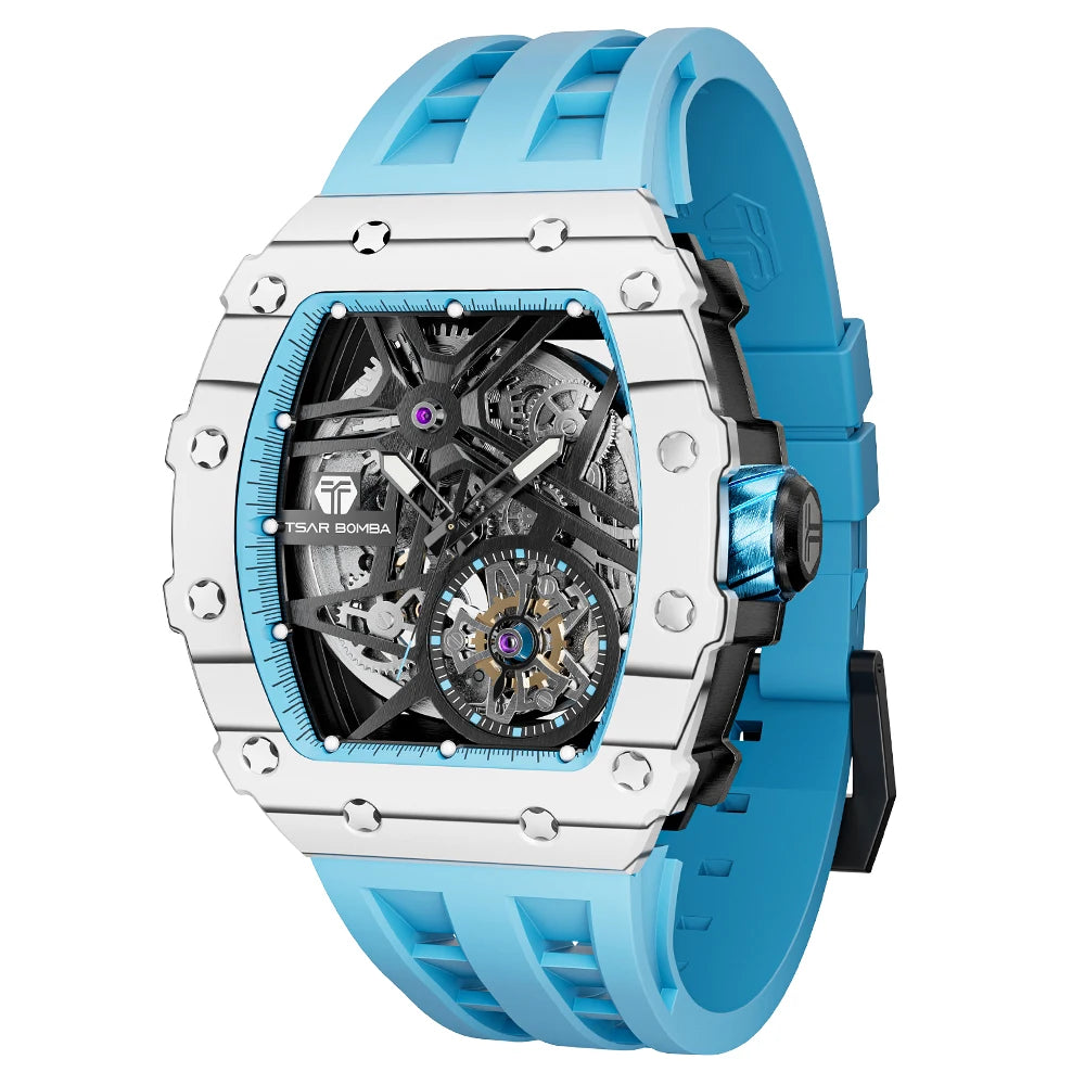 TSAR BOMBA Automatic Watch Men Carbon Fiber Mechanical Wristwatch Skeleton Clock Mens Tonneau Luxury Watches