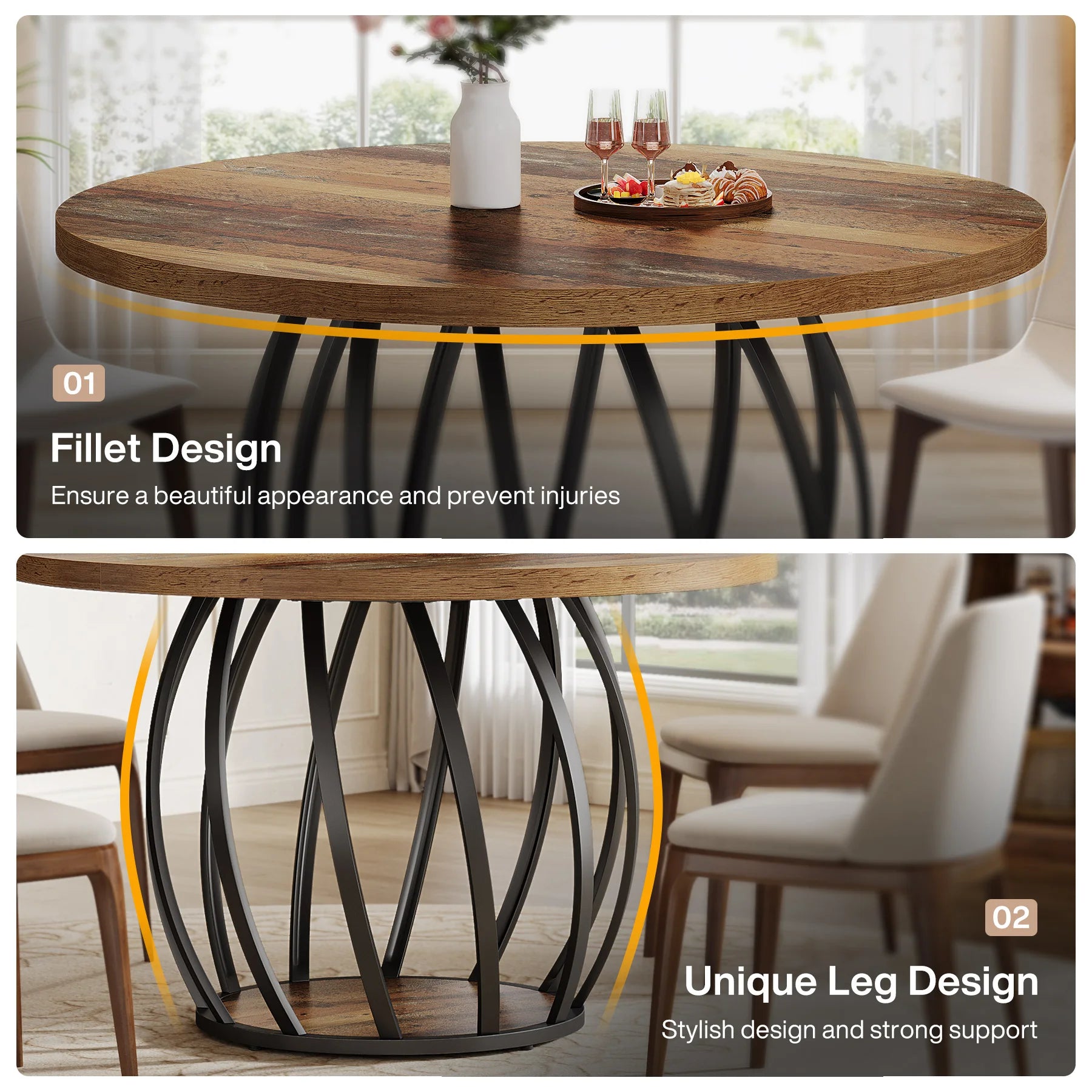 Tribesigns Round Dining Table, 46-Inch(118cm)Wood Kitchen Table with Sturdy Metal Base for 4-6 People,Rustic Brown