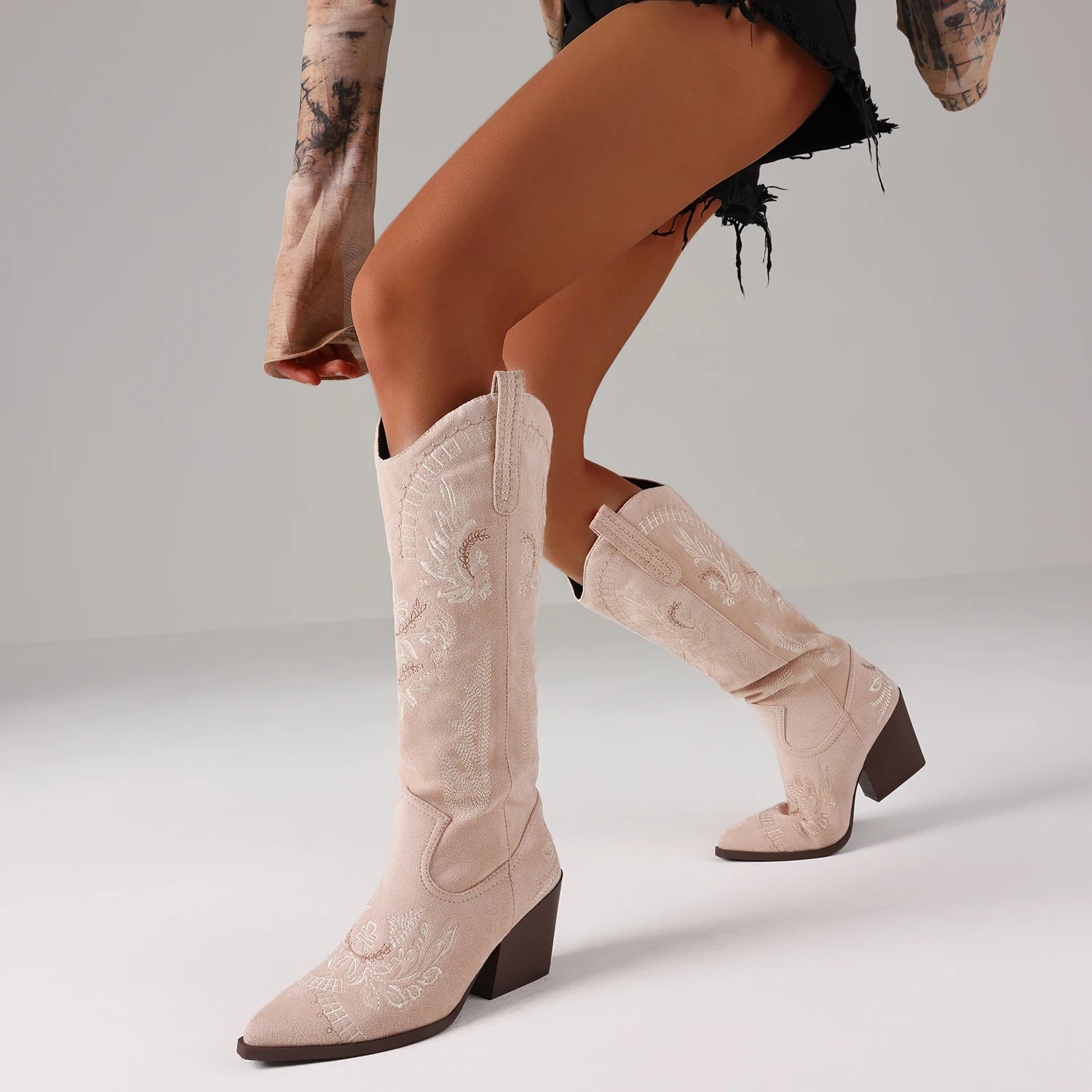 GIGIFOX Knee-High Boots Cowboy Boots For Women Western Cowgirl Boots Outdoor Mid Calf Snip Toe Boot With Chunky Heel Dress Wear