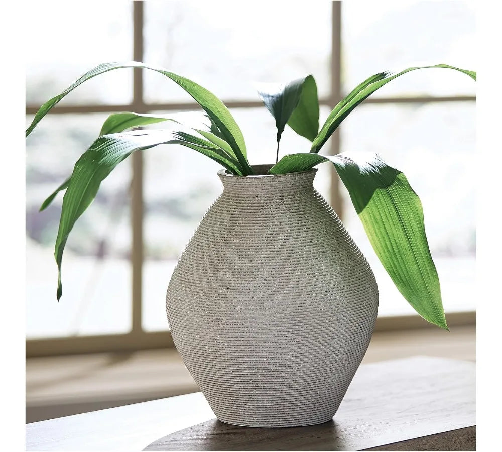 Modern Distressed Polyresin Vase, Antique Tan, Ribbed Texture for Home Decor Centerpiece