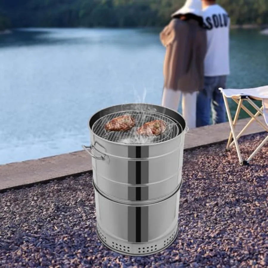 Large Portable Charcoal Barrel Grill for Outdoor Cooking: Stainless Steel 360 Smokeless Design with Multiple Clips Ideal for Ca