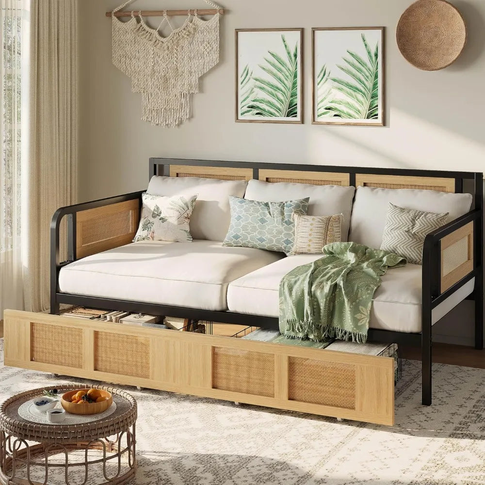 Twin Daybed, Day Bed Frame with Storage Drawers, Rattan Boho Corner Bed Frames with Strong Supports, Sofa DayBed for Living