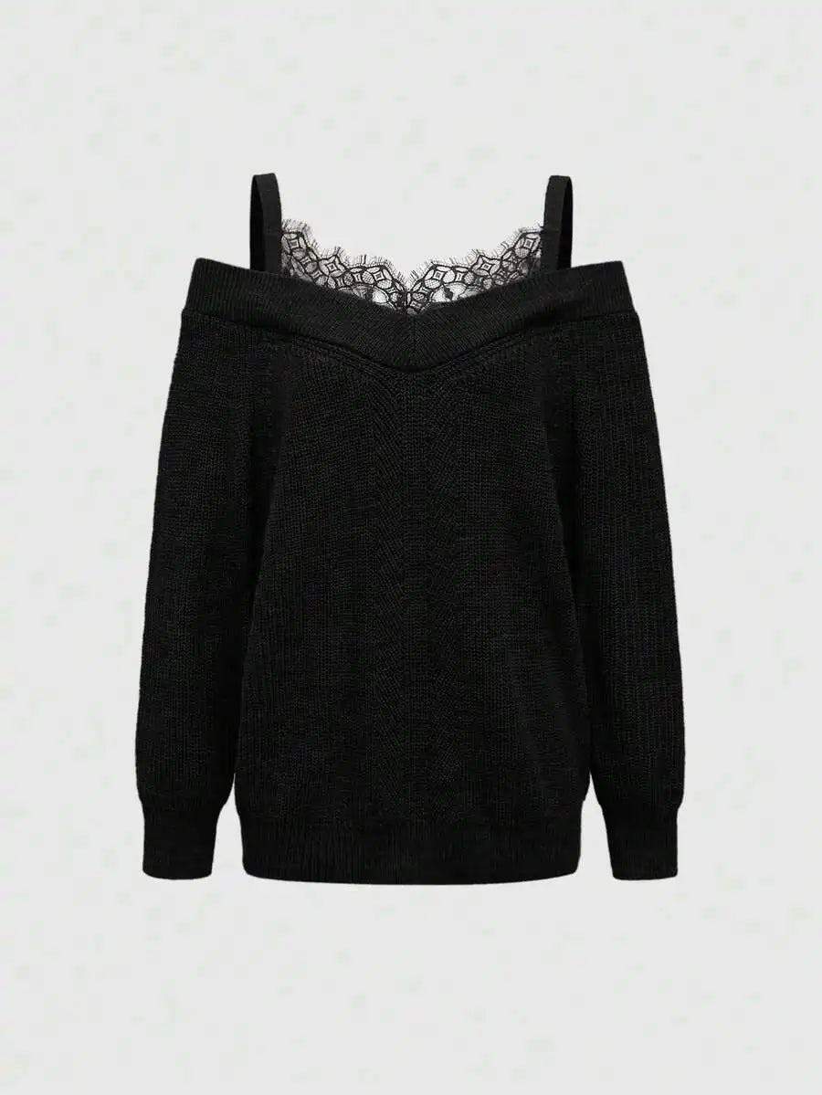 Off Shoulder Lace Trim Knit Pullover Sweater for Women, Loose Fit Elegant Style