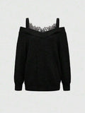 Off Shoulder Lace Trim Knit Pullover Sweater for Women, Loose Fit Elegant Style
