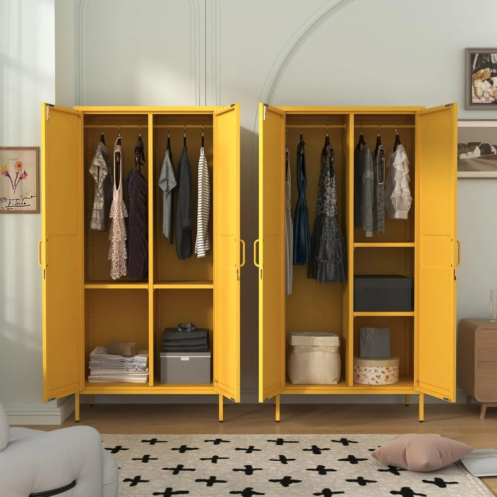 67 Inch Steel Lockable Wardrobe Cabinet with Hanging Rods, Adjustable Shelves for Home Storage
