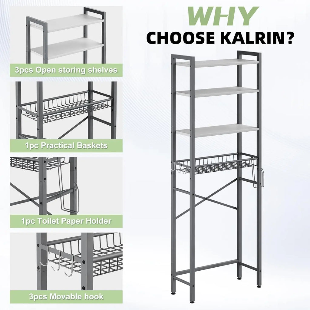4-Tier Over-The-Toilet Storage Rack with Adjustable Shelf and Basket, Freestanding Bathroom Organizer in Gray-White