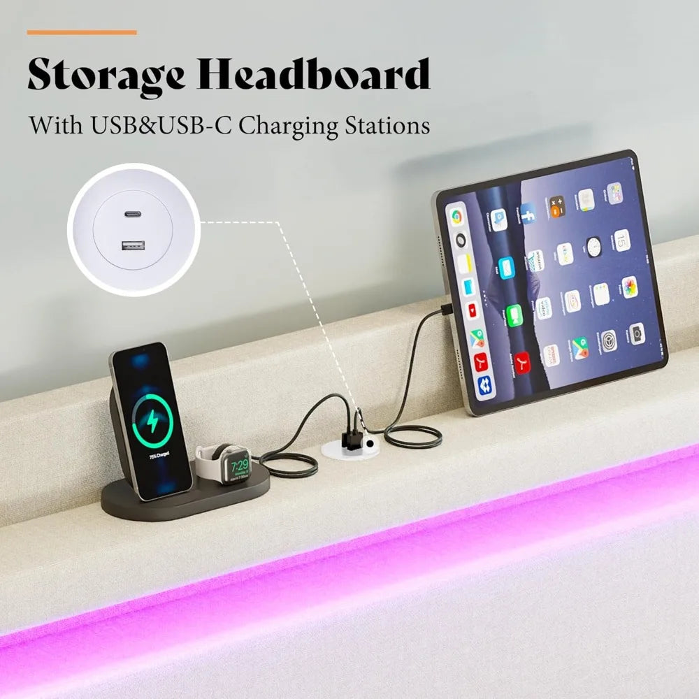 Bed Frame with LED Lights & Wingback Headboard, Upholstered Platform Bed with USB & USB-C Ports, No Box Spring Nee Customized