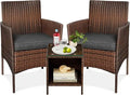 3-Piece Outdoor Wicker Conversation Bistro Set, Space Saving Patio Furniture for Garden w/Side Table - Gray/Navy
