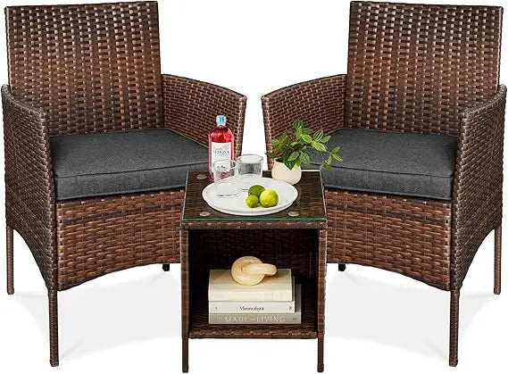 3-Piece Outdoor Wicker Conversation Bistro Set, Space Saving Patio Furniture for Garden w/Side Table - Gray/Navy