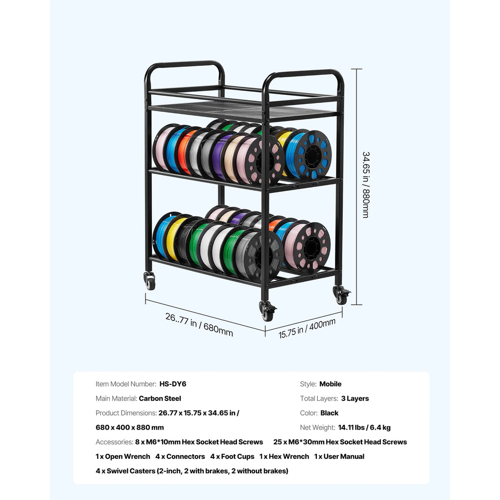 SucceBuy 3 Tier 3D Printer Filament Storage Rack Rolling Filament Spool Holders Racks with Wheels Filaments Organzied for Office