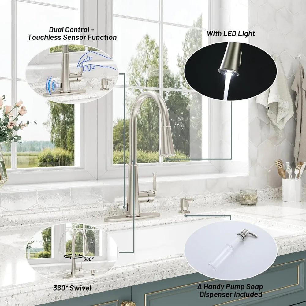 Touchless Motion Sensor Kitchen Faucet with Pull-Down Spray and LED Light, Including Soap Dispenser for Enhanced Sink Functional