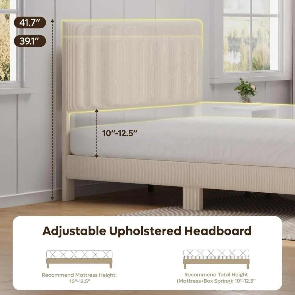 Queen Bed Frame with Adjustable Headboard, LED Lighting, Vertical Channel Tufted Corduroy Upholstered, Solid Wooden,Customized