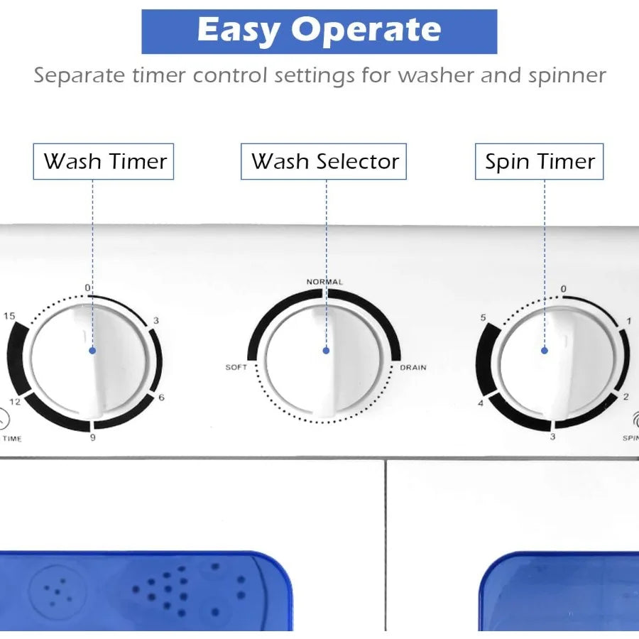 Portable Mini Compact Twin Tub Washing Machine 20lbs Washer Spain Spinner Portable Washing Machine Blue+ White