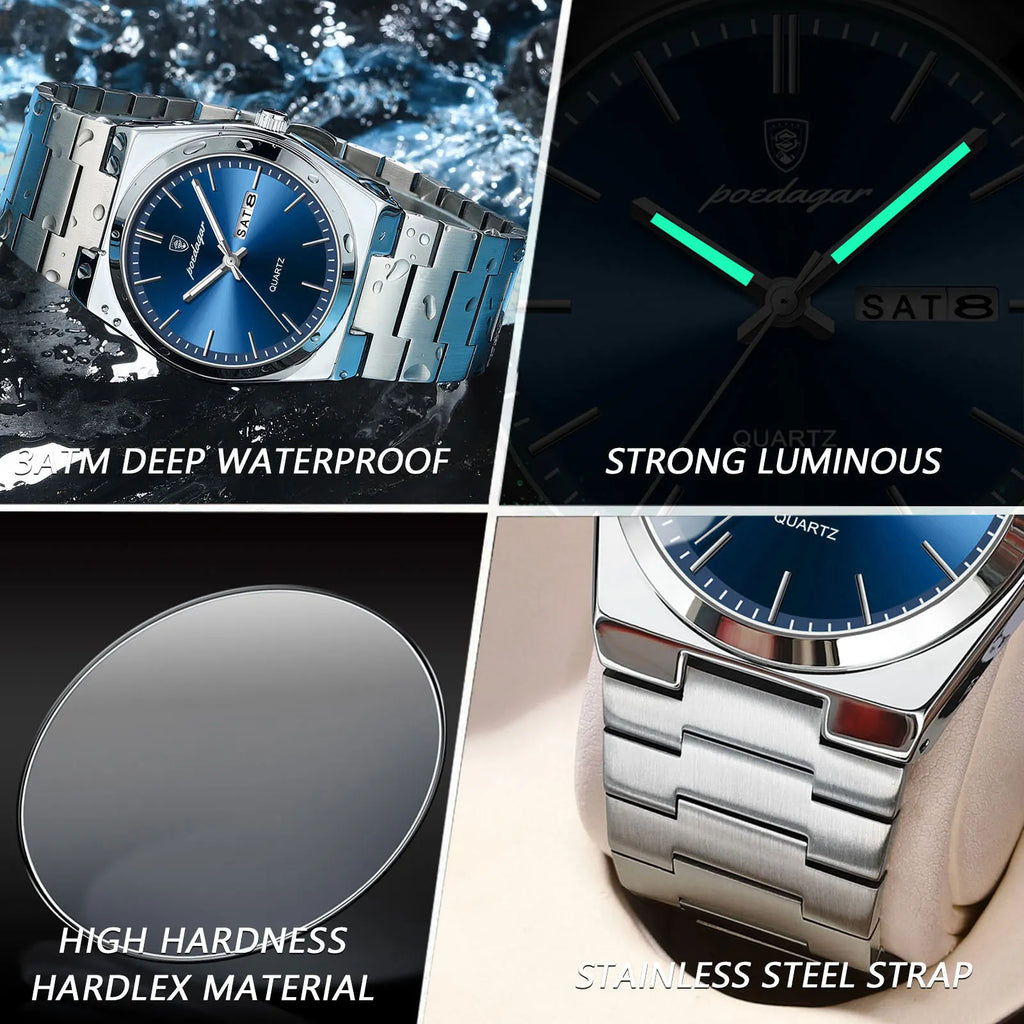POEDAGAR Luxury Business Watches For Men Stainless Steel Waterproof Luminous Man Watch Date Week Quartz Fashion Men's Wristwatch