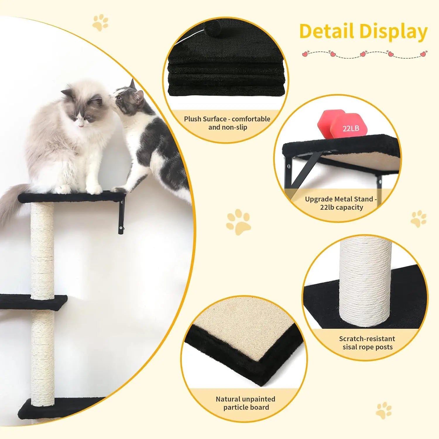 Wall-Mounted Cat Furniture Set - 5pcs Shelves with House, Bridge, Tree, Steps, Scratcher in Black
