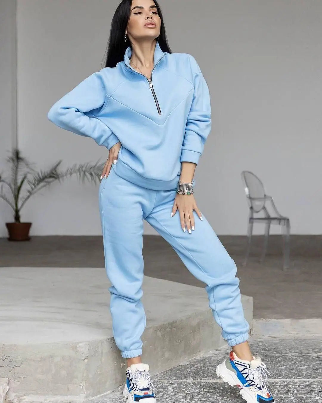 Sports Suit Zippered Solid Color Long-sleeved Winter Pullover Sweatshirt Set With Leggings Trousers Sets Womens Two Piece Outfit