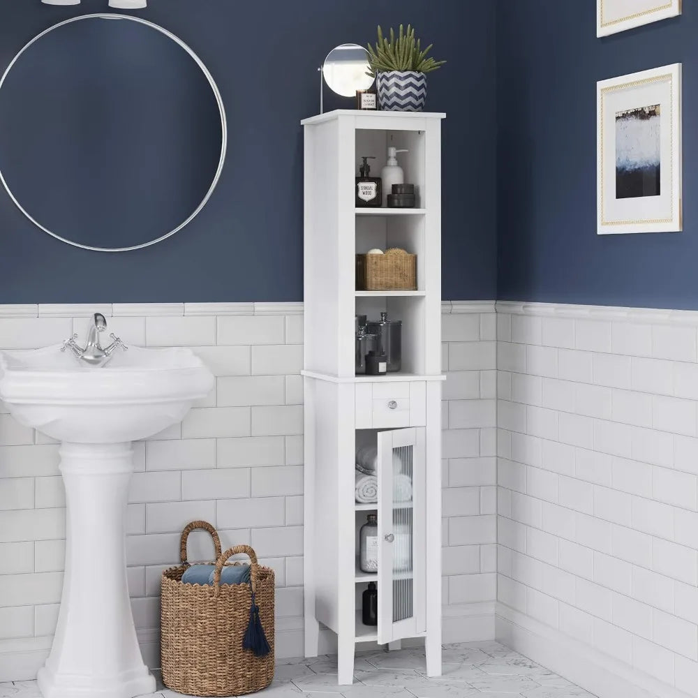 Slim Tall Bathroom Storage Cabinet with Glass Door, Drawer & Shelves - Space-Saving Organizer for Small Bathrooms