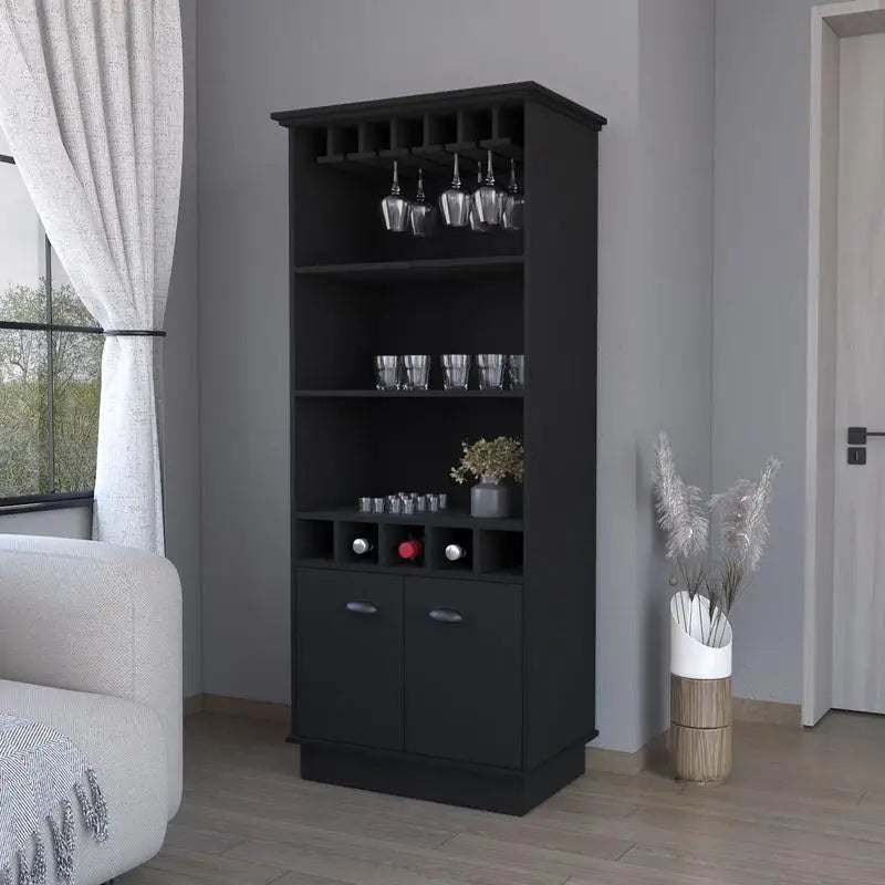 Sophia Bar Cabinet with Glassware Rack and 5 Bottle Racks, Black Finish, Modern Design for Home and Kitchen Storage