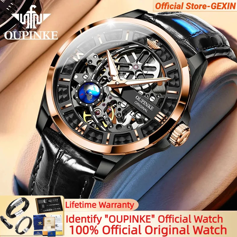 OUPINKE Men's Automatic Mechanical Watch Skeleton Design 50M Waterproof Sapphire Mirror Leather Strap Male Watches 3268