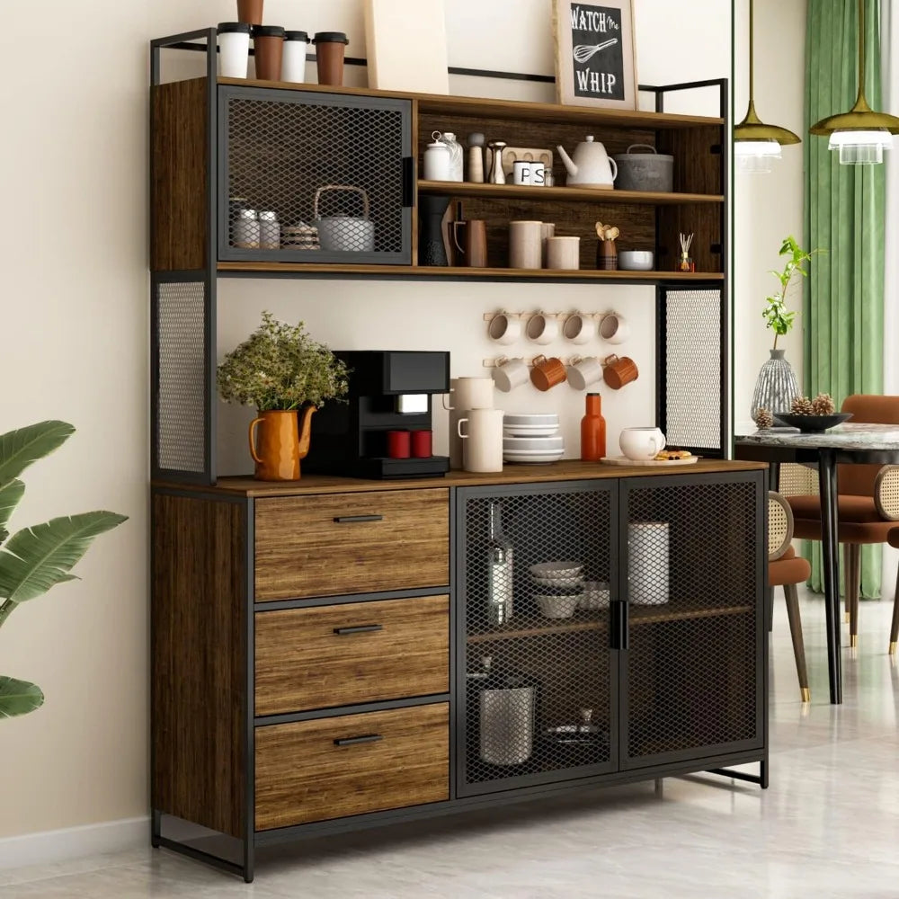 Modern Wood Sideboard Buffet Storage Cabinet with Hutch, 3 Metal Mesh Doors, 3 Drawers & Shelves, Kitchen Pantry Cupboard Conso