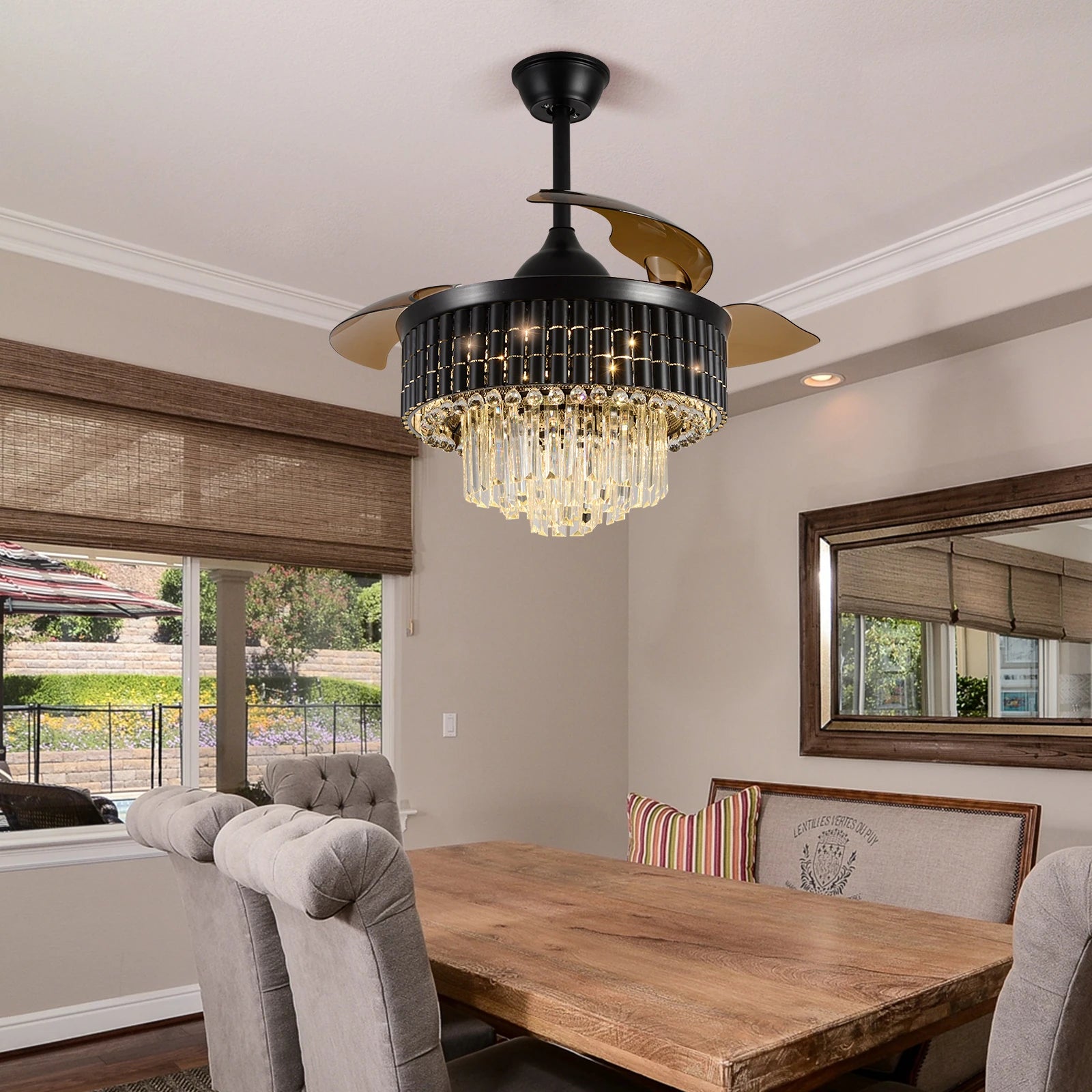 Smart RC Ceiling Fan Lamp Led Light Modern Home Decor Crystal Black Chandelier Living Dining Room Indoor Fixture Intelligent