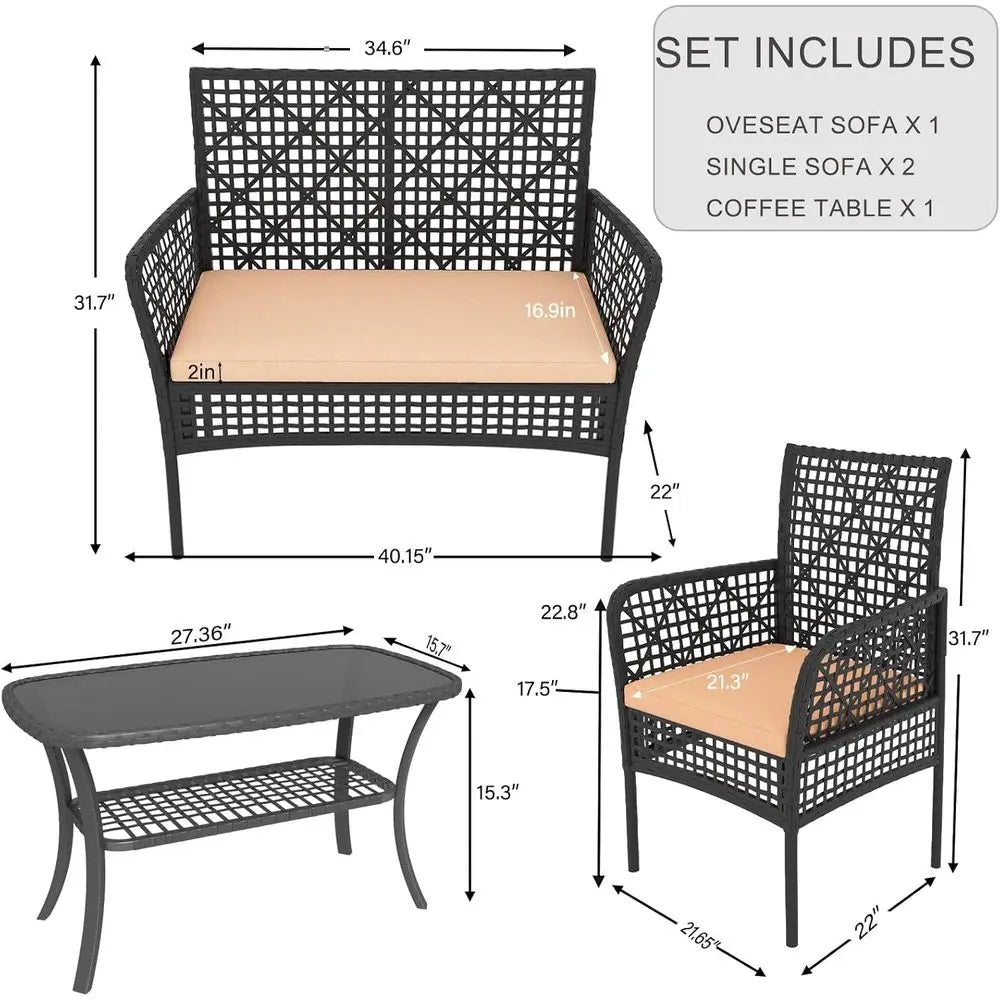 4-Piece Outdoor Patio Furniture Set with PE Rattan Chairs, Tempered Glass Table, and Cushions for Backyard, Poolside, Lawn (Khak
