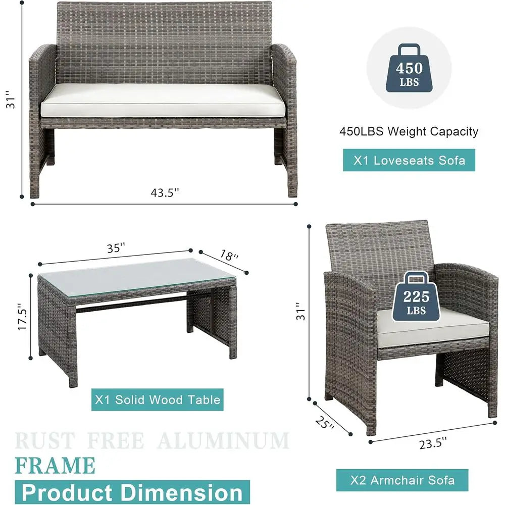 Gray Rattan Outdoor Patio Furniture Set: 4-Piece Wicker Conversation Chairs with Cushions for Garden, Poolside, or Indoor Use