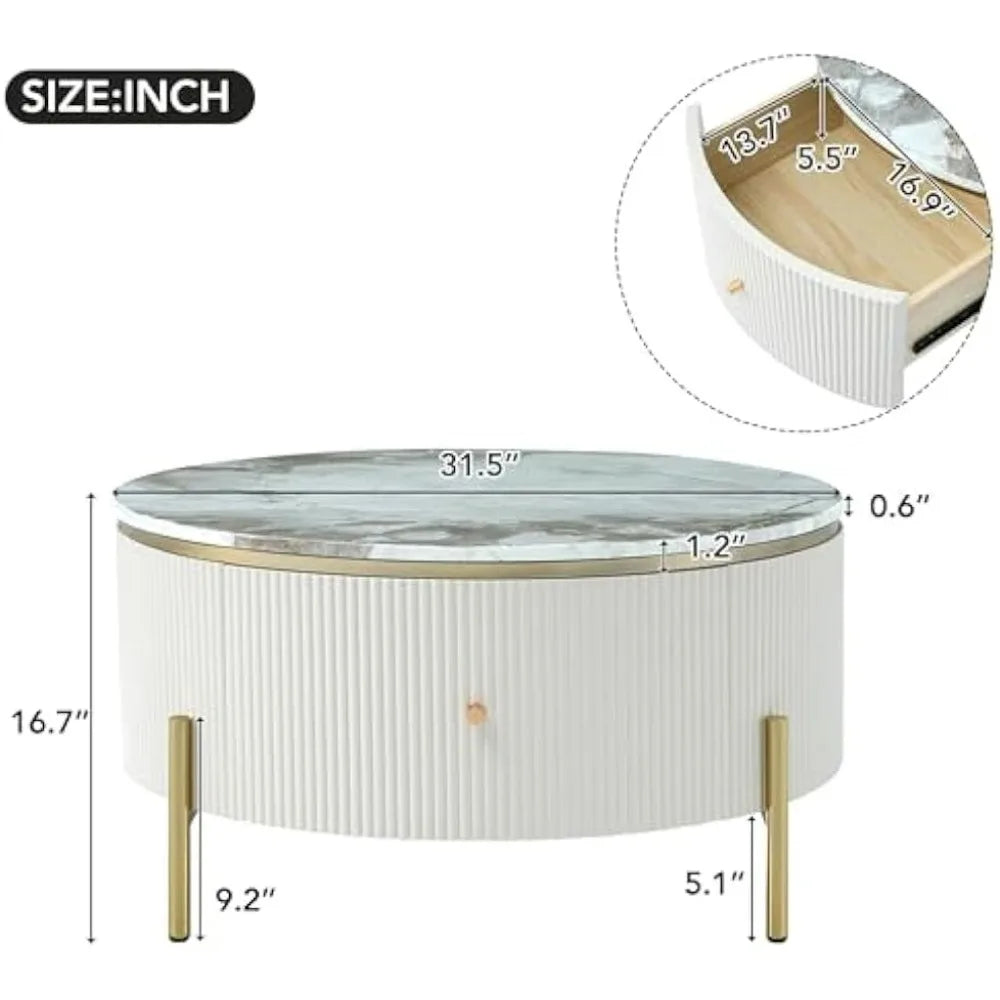 Modern Marble-Patterned Coffee Table with Two Large Drawers, Golden Legs for Elegant Living Room Storage
