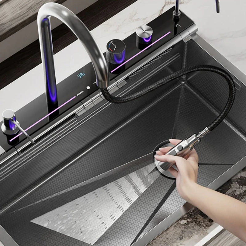 Grey Stainless Steel Waterfall Kitchen Sink Large Single Slot Integrated Digital Display Faucet Set Soap Dispenser Cup Washer