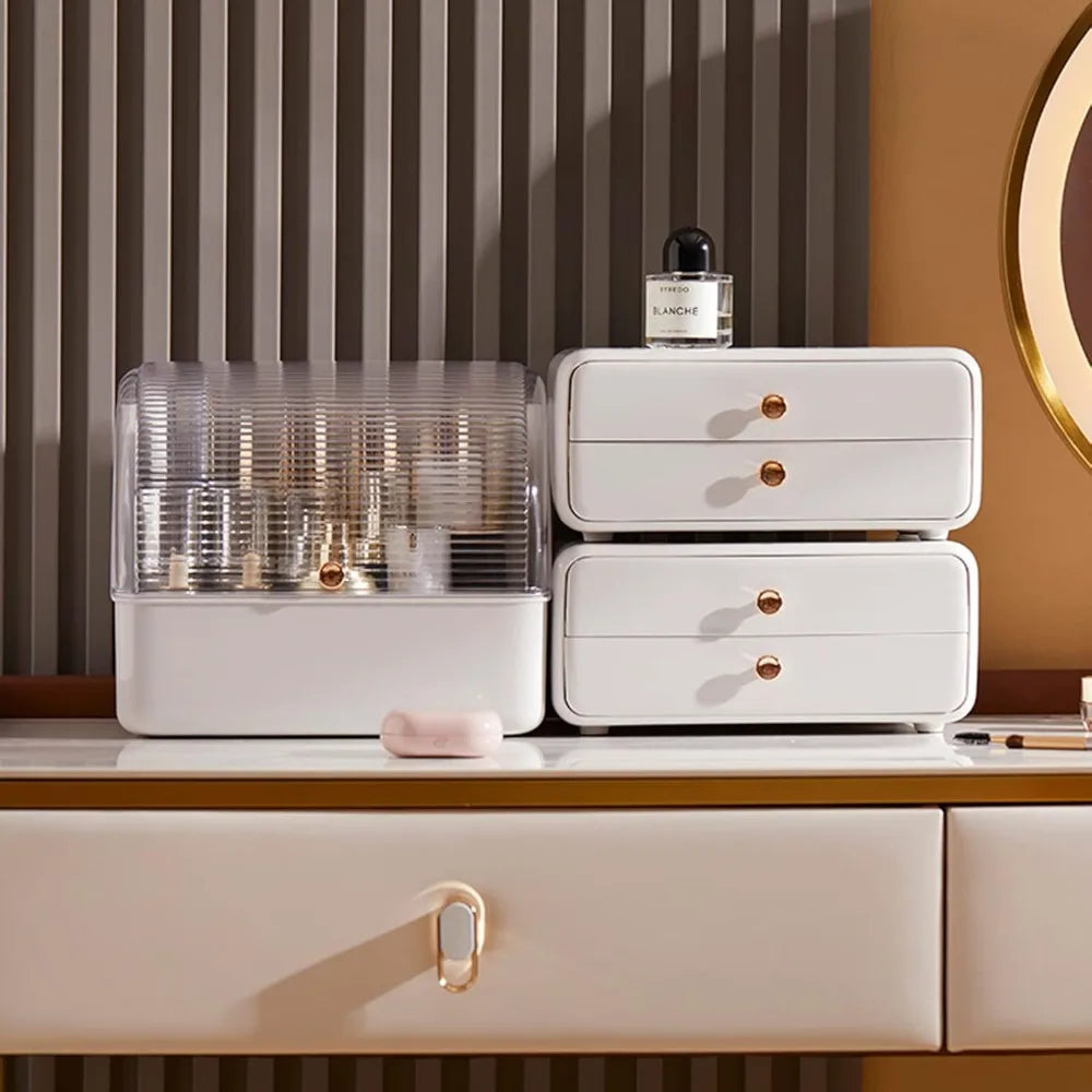 Large Makeup Organizer with Brush Holder, Makeup and Skincare Organizer for Vanity, Cosmetics Skincare Organizers with Lid and