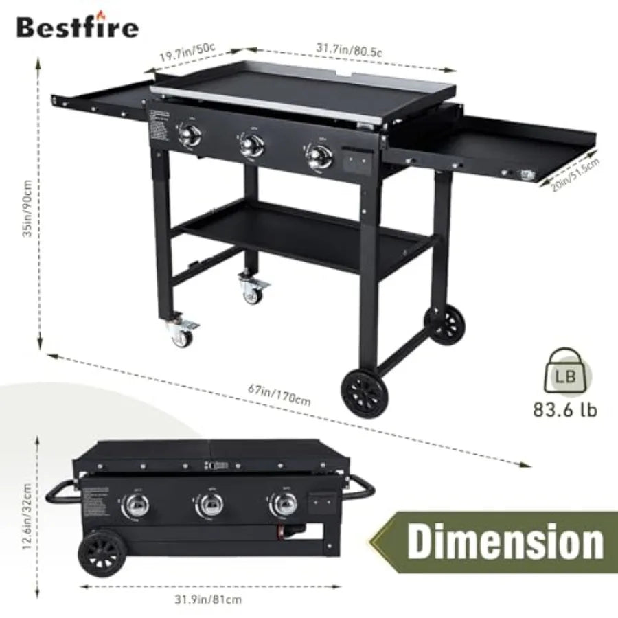 3 Burner 35 Flat Top Grill 45 000 BTU Outdoor Cooking with Porcelain-Enameled Cast Iron Grate and Pan in Black for BBQ Camping